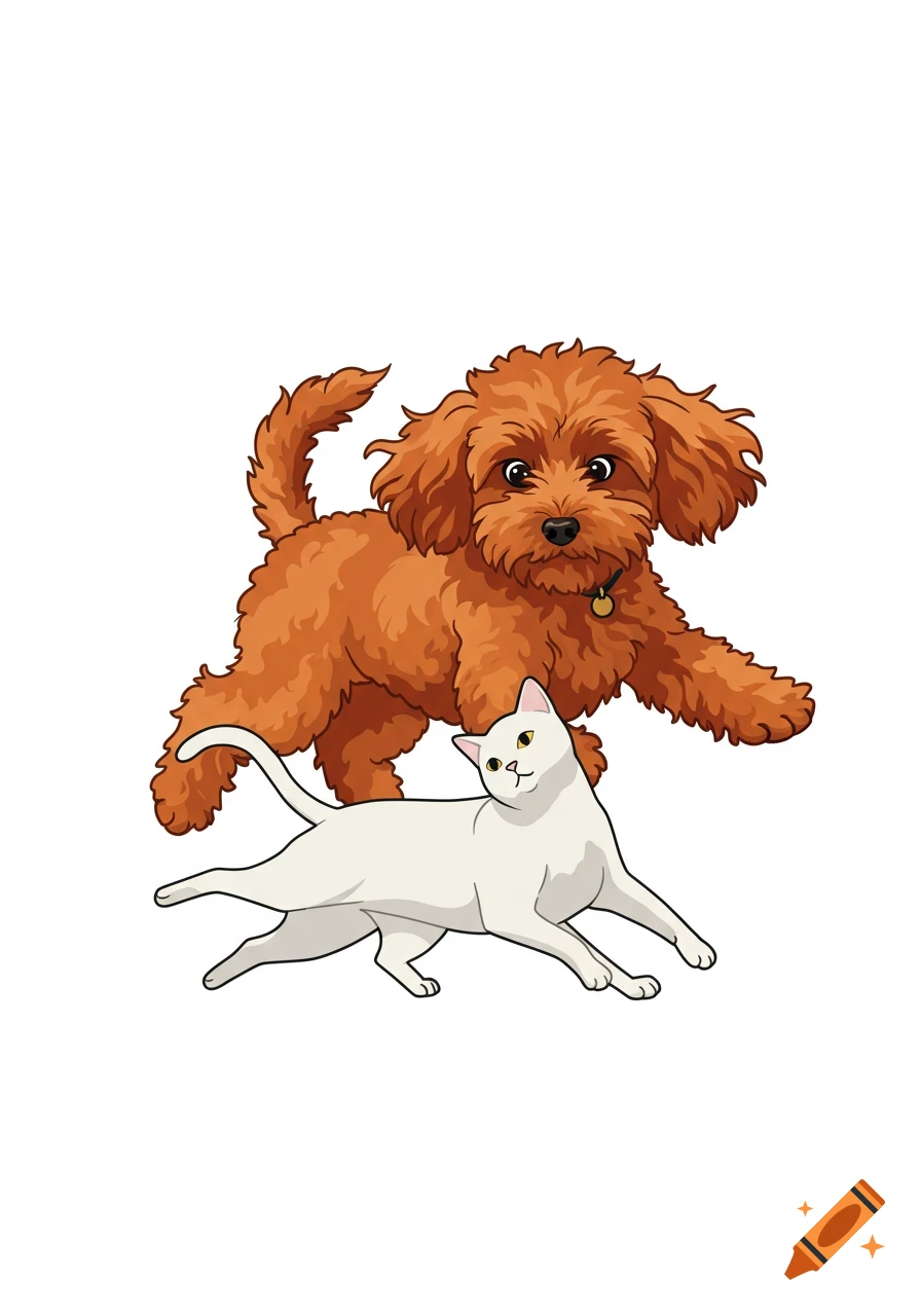 A brown fluffy dog and a white cat in a playful pose, illustrated in a vector graphic style.