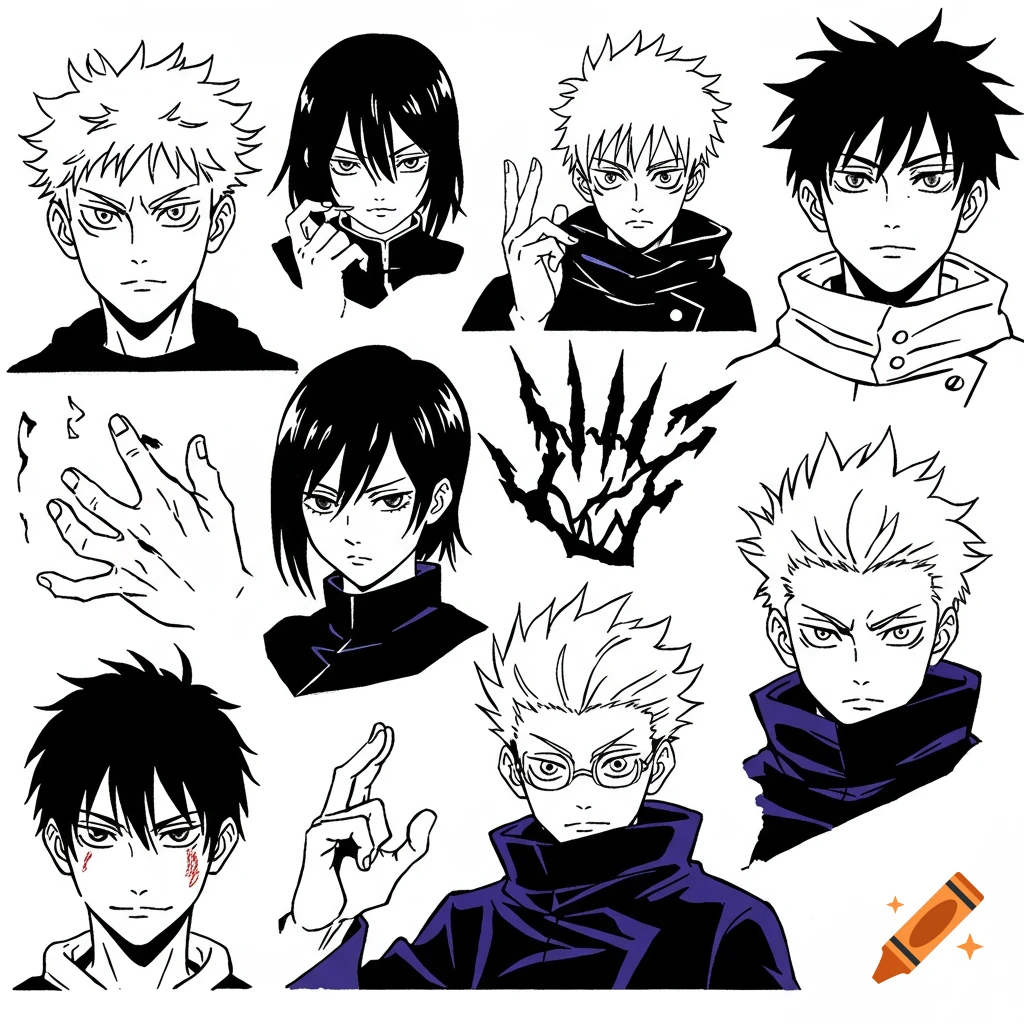 Black and white sketch of multiple anime character portraits, hands, and a symbol.