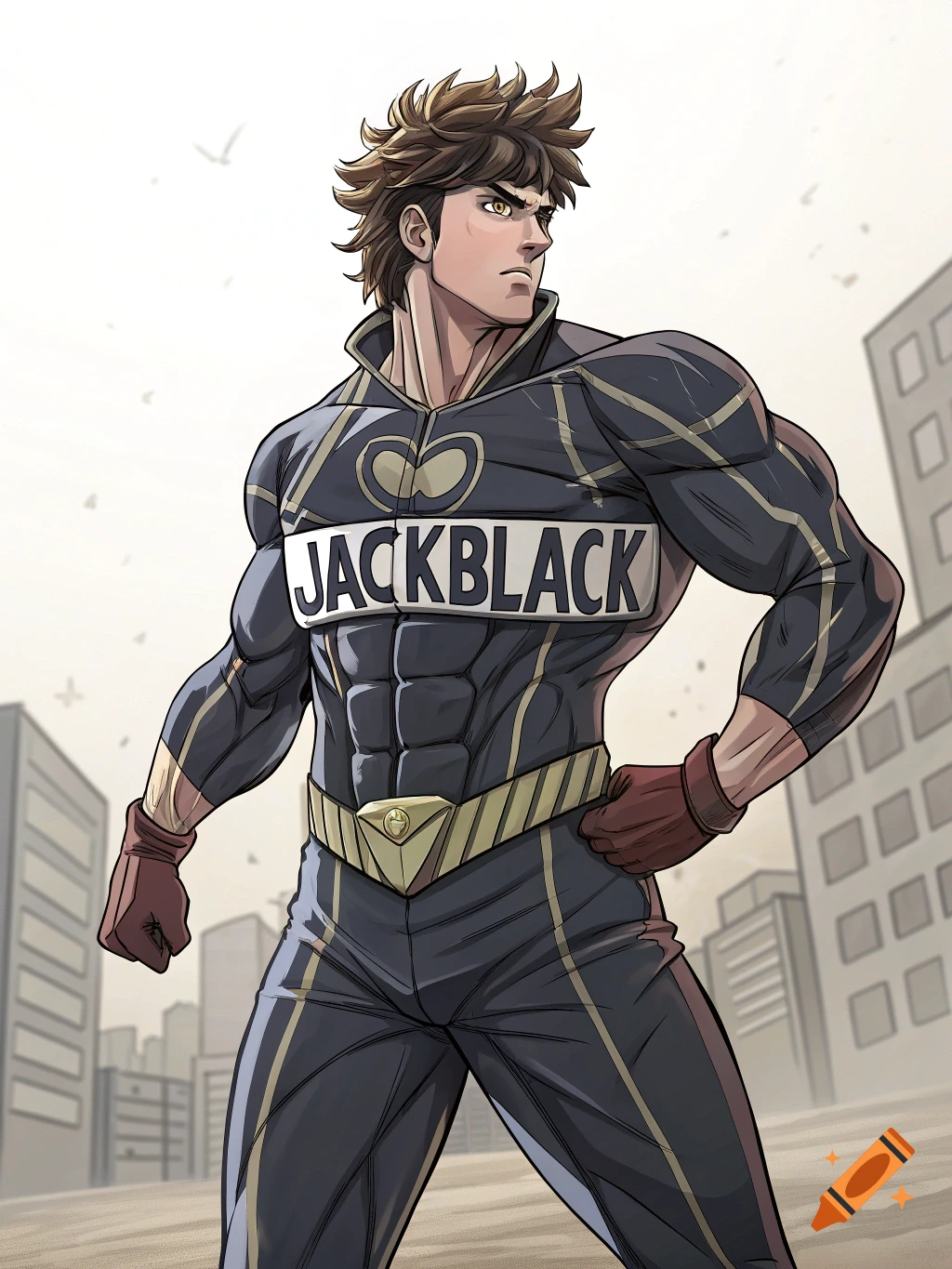 Anime style man in a black and gold superhero suit with 'JACKBLACK' on the chest, standing against a cityscape.