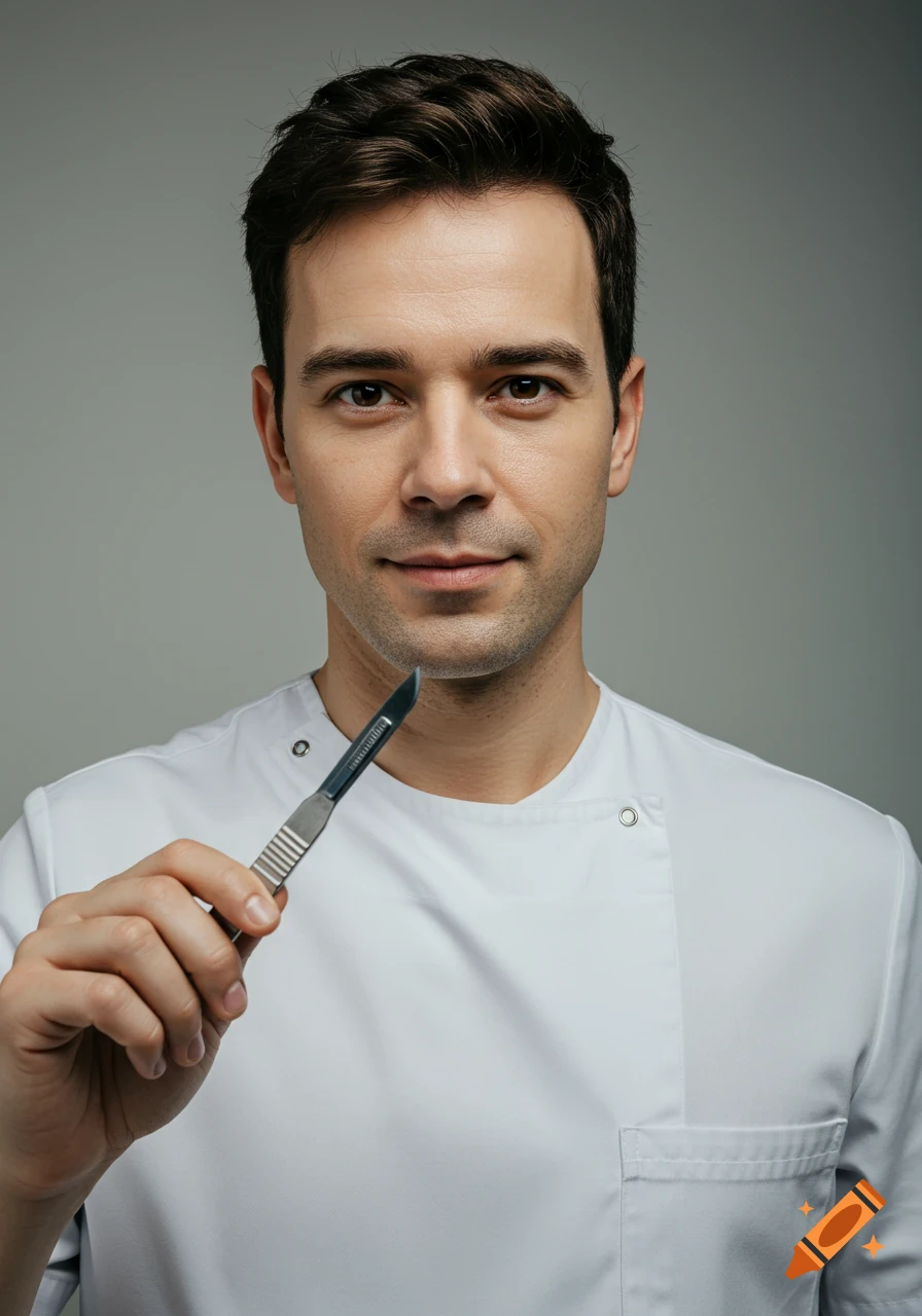 Man in white lab coat holding a scalpel, looking at the camera.