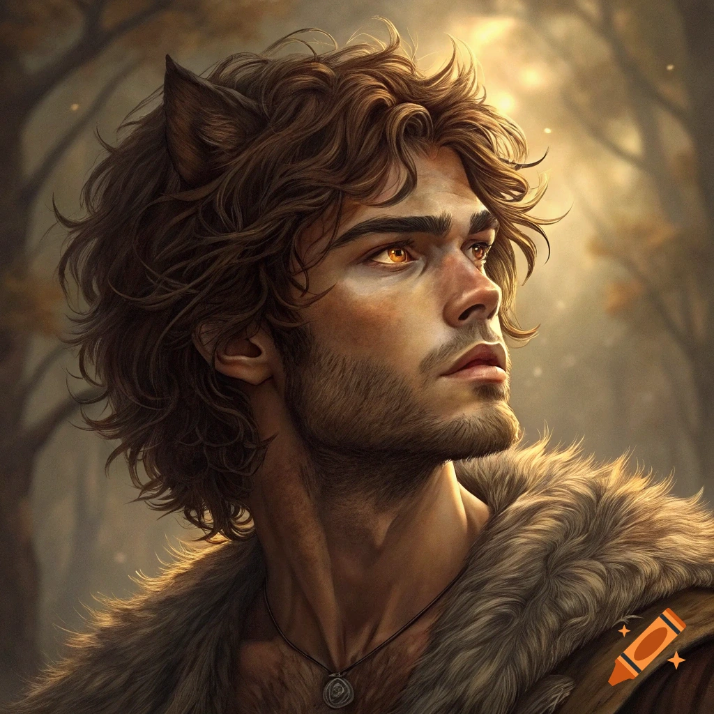 A fantasy portrait of a man with animal ears and glowing golden eyes, wearing fur, in a forest setting.