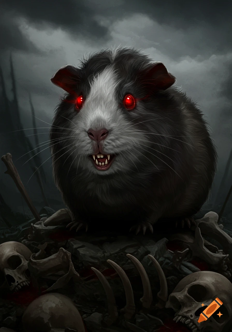Evil guinea pig with red eyes and fangs on bones