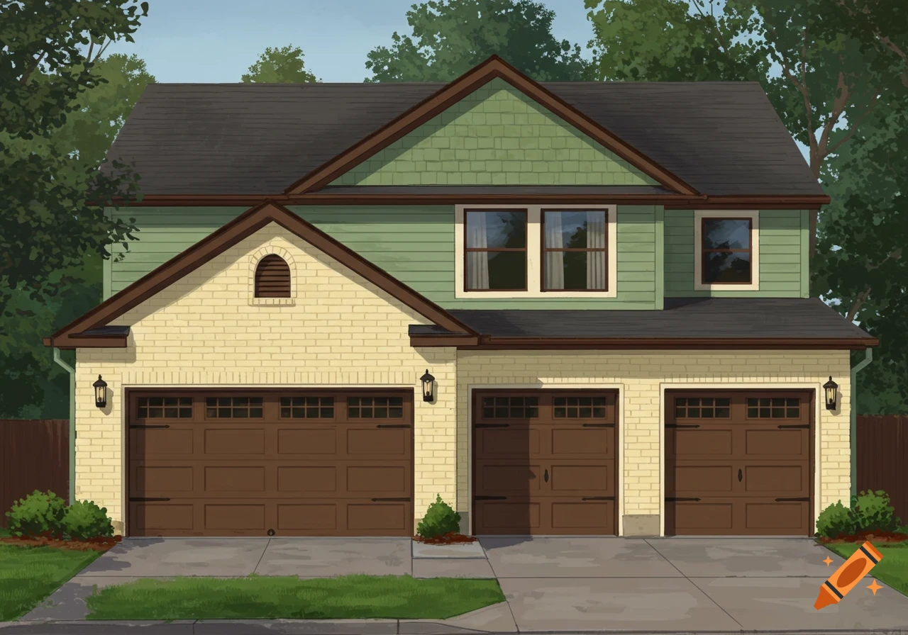 A suburban house with yellow brick, brown garage doors, green siding, and a dark gray roof.