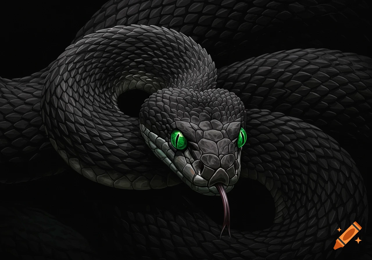 A black snake with glowing green eyes and its tongue flicking.