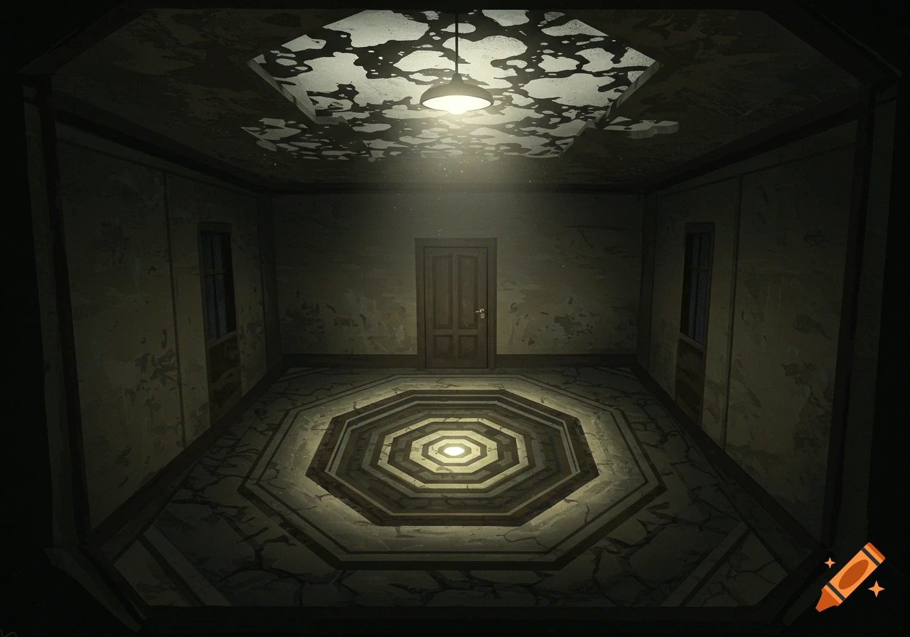 A dimly lit empty room with an octagon pattern on the floor and a light source on the ceiling.
