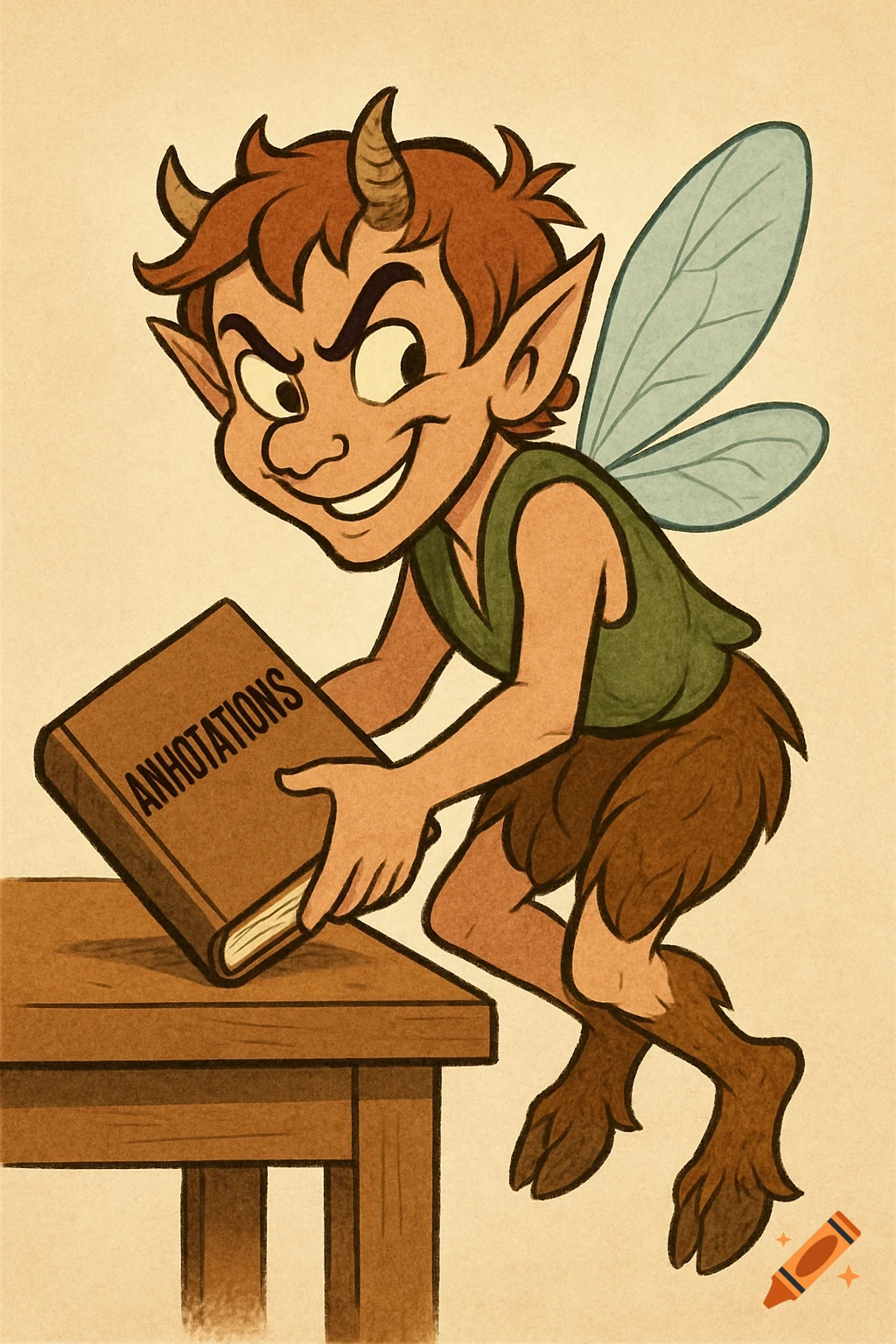 Cartoony imp creature with horns and wings stealing a book from a table. Illustration style.
