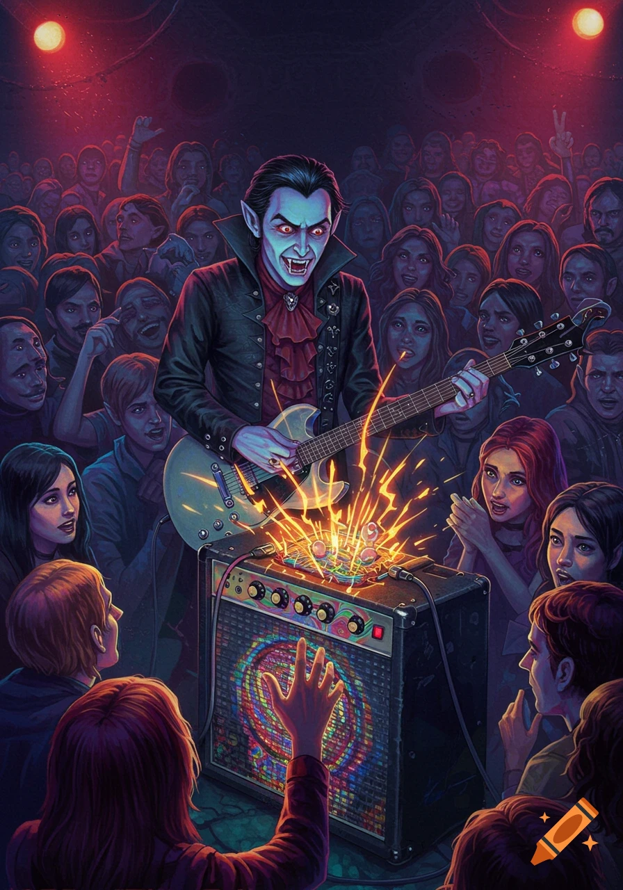 A vampire plays guitar on stage to a crowd with sparks from the amp