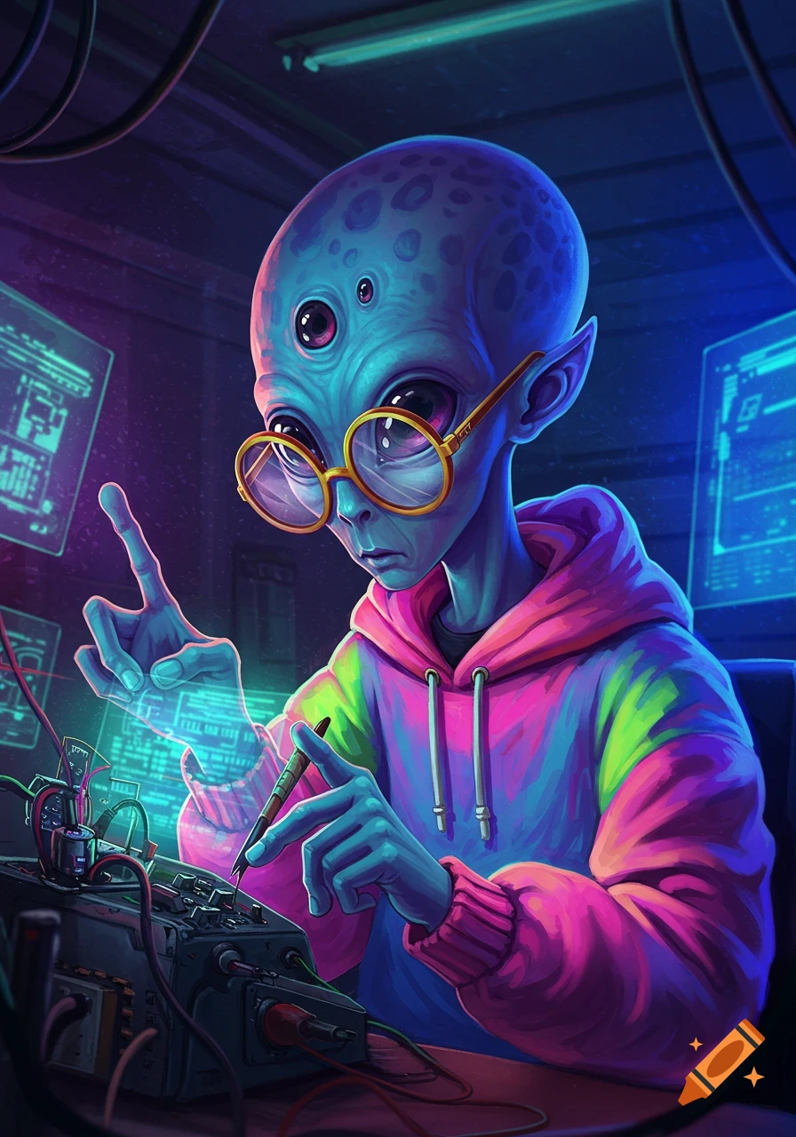 A blue alien nerd with glasses and a colorful hoodie is working on electronic equipment in a futuristic room with screens.