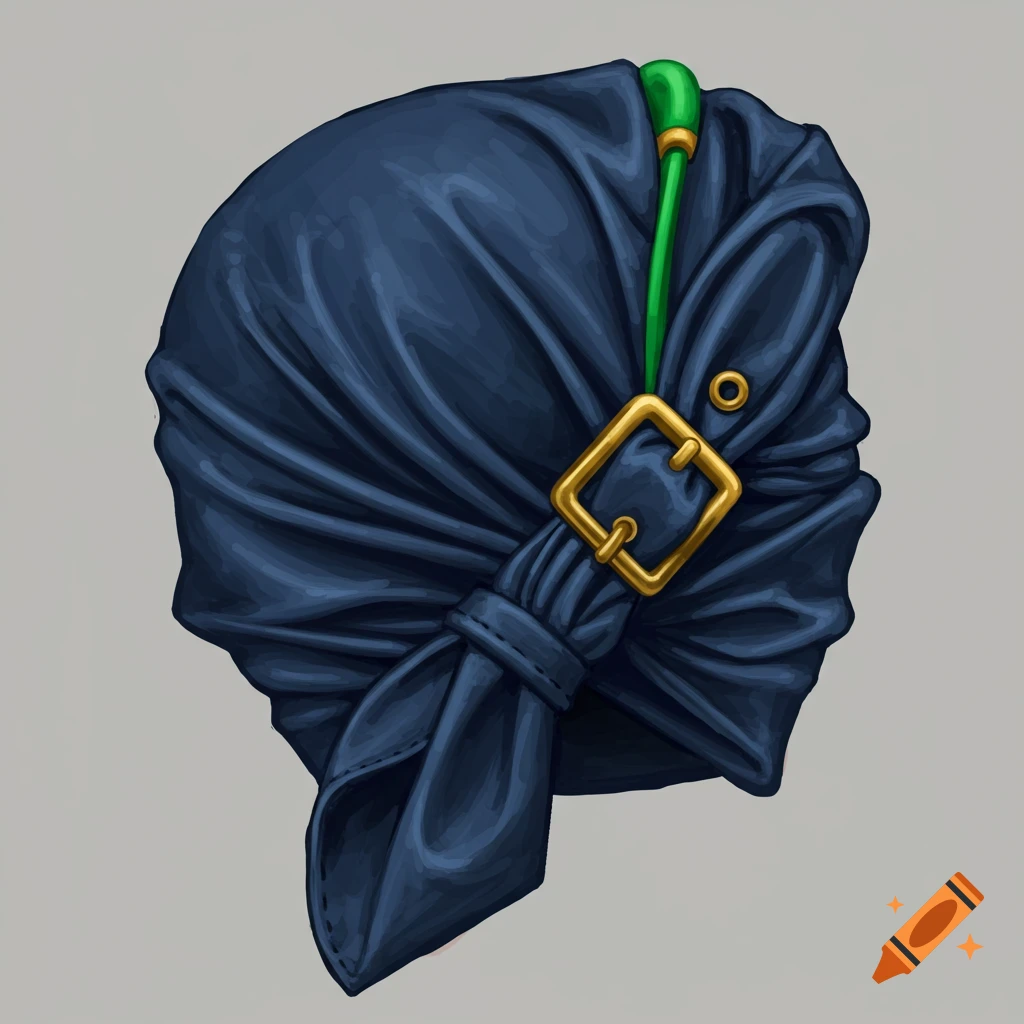 A blue head wrap with a gold buckle.