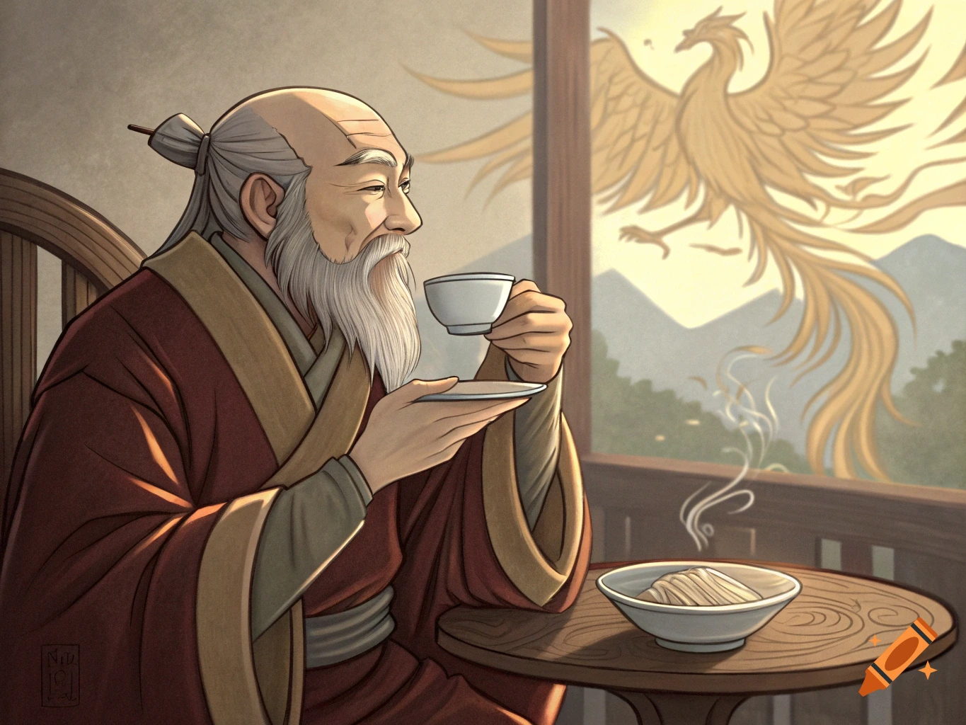 An elderly man sips tea while looking out a window at a golden phoenix flying over mountains, in a stylized illustration.