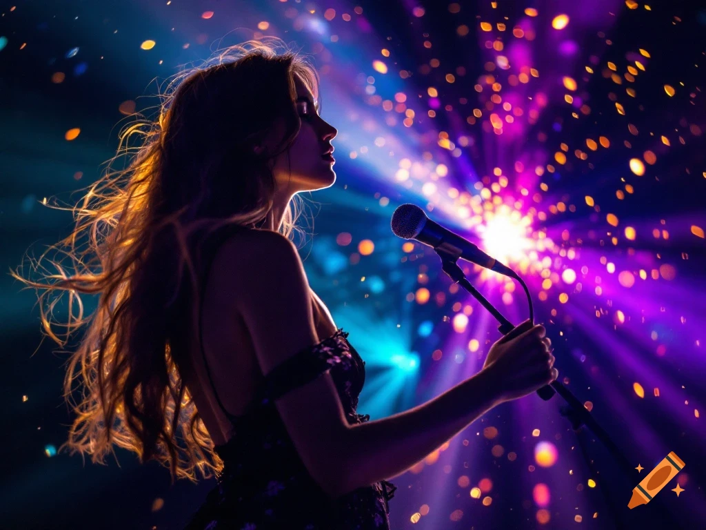 A woman sings into a microphone on stage with bright purple and gold lights and bokeh effects.
