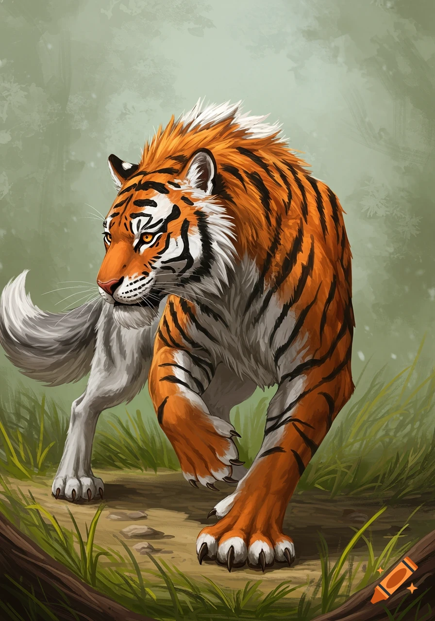 A tiger and wolf hybrid creature walking through a forest.