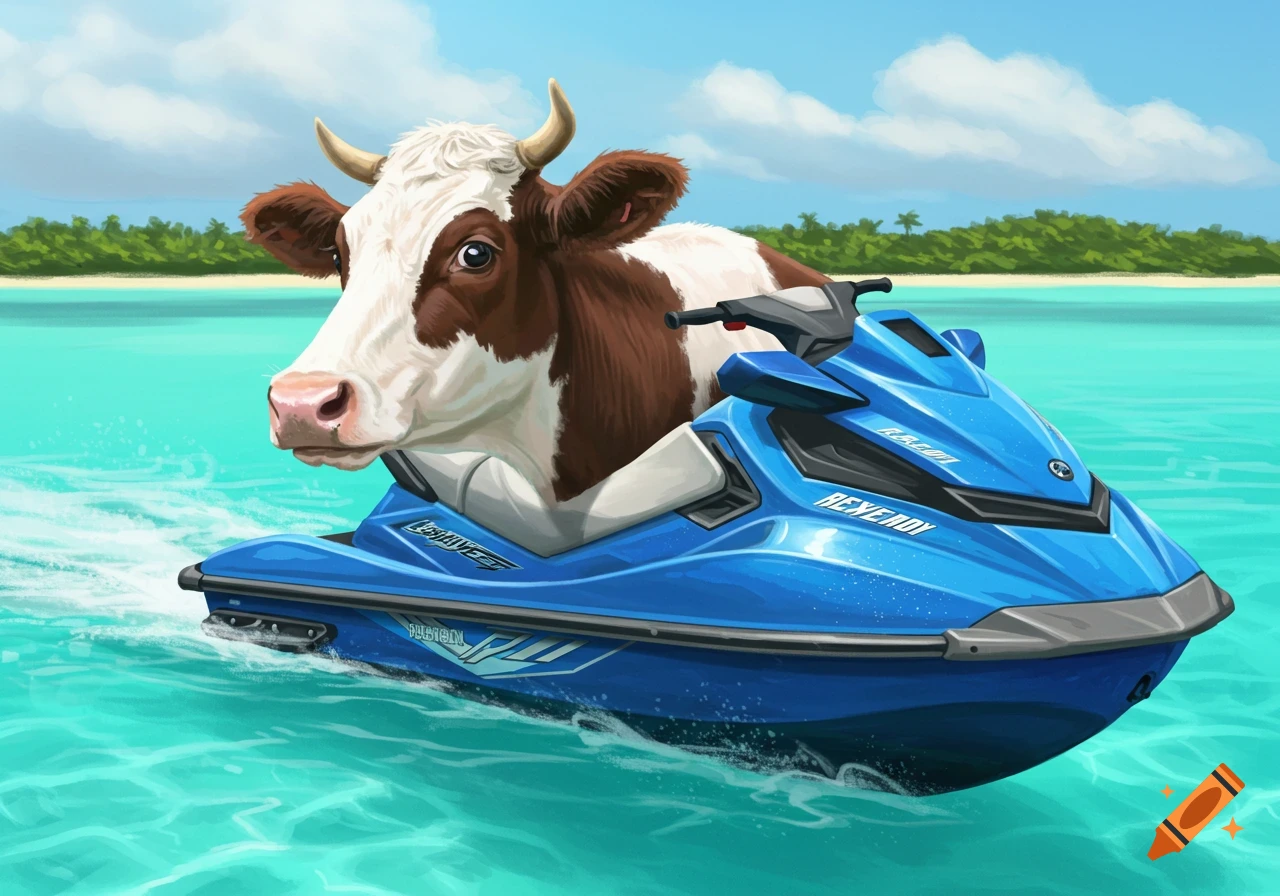 A brown and white cow rides a blue jet ski in the turquoise ocean near a tropical beach.