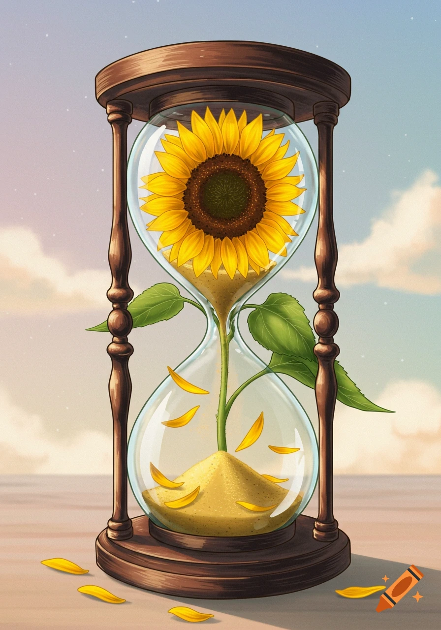 Illustration of a sunflower growing inside an hourglass with sand flowing and petals falling.