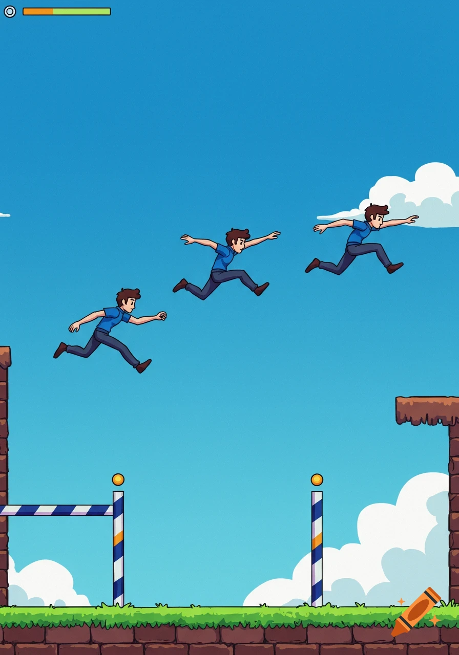 Cartoon character running and jumping in a 2D side-scroller game scene with obstacles.