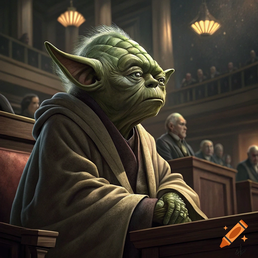Yoda sits in a grand courtroom or senate chamber.