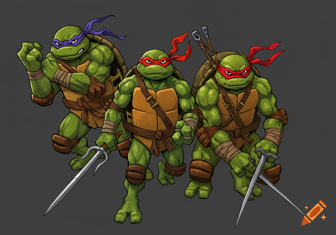 Three Teenage Mutant Ninja Turtles in action poses. One in purple, two in red masks holding weapons.