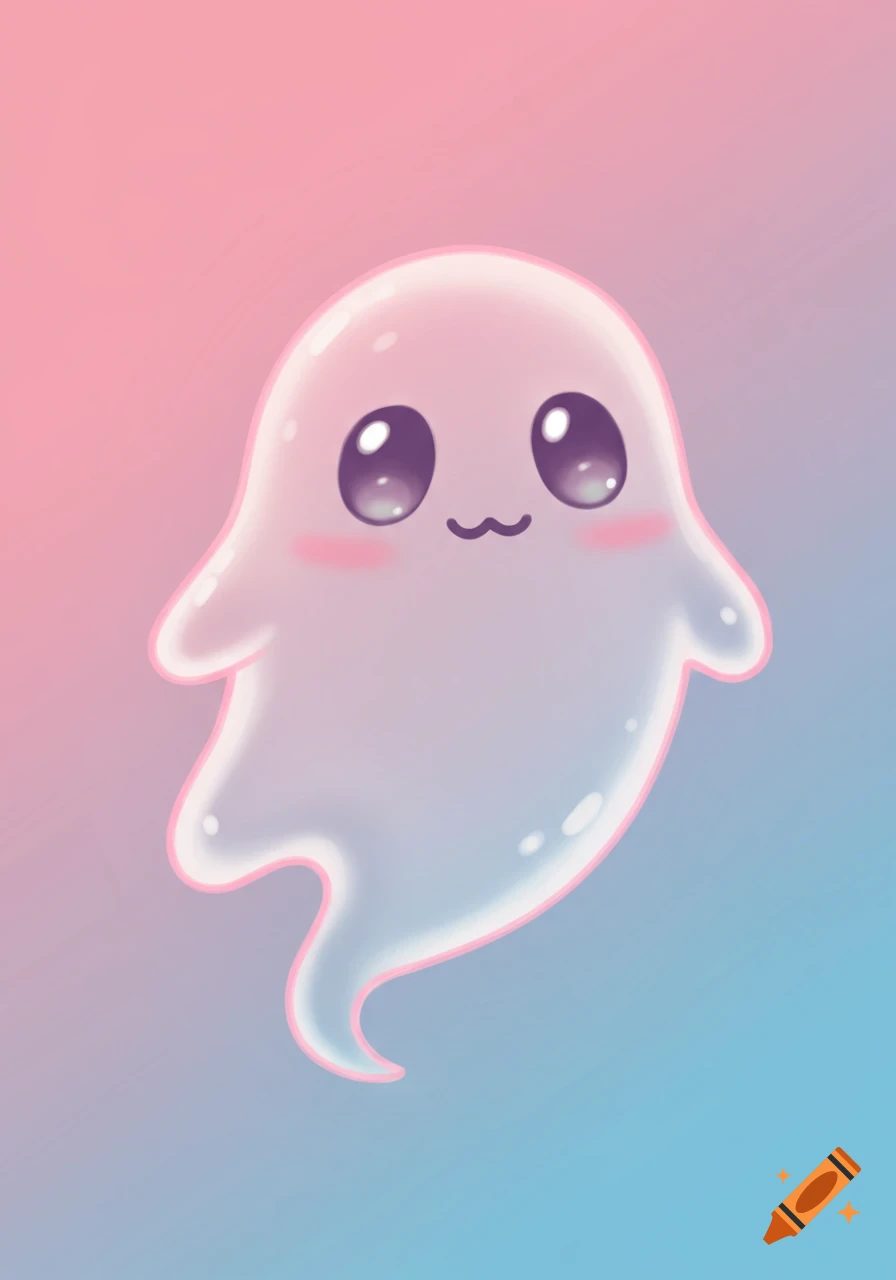 A cute white ghost with big purple eyes and pink cheeks floating on a pink and blue gradient background. Digital art.
