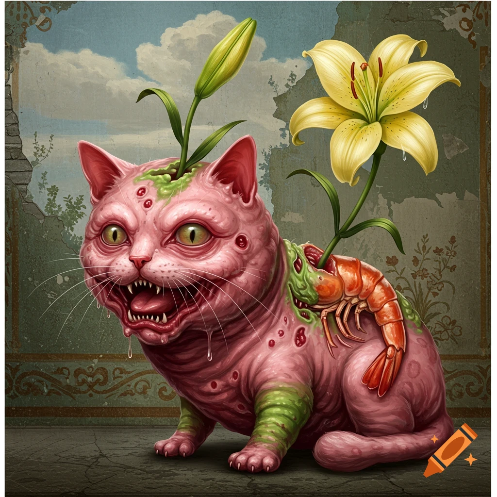 Grotesque pink cat with a shrimp on its back and flowers growing from its head, in a surreal style.