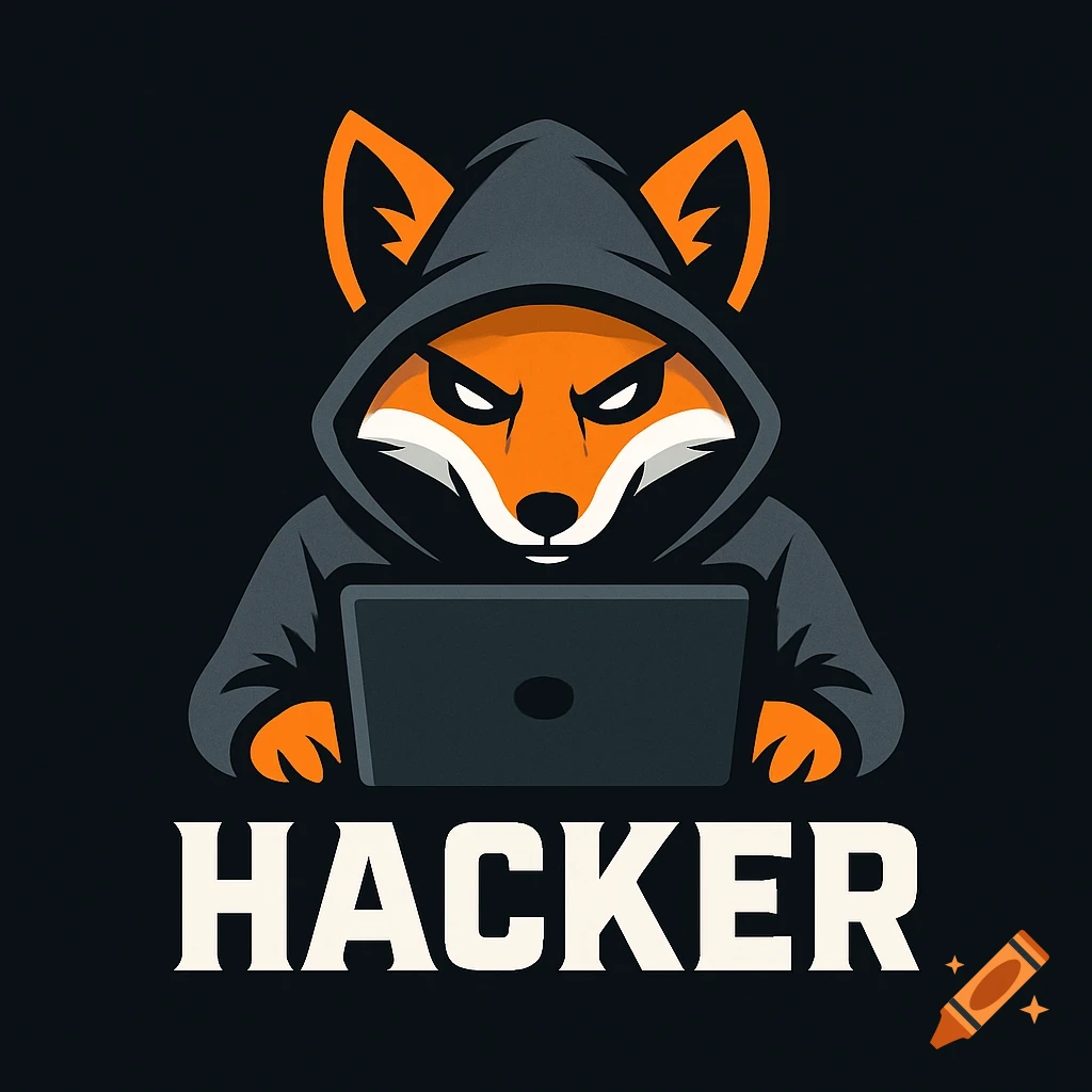 Cartoon logo of a fox in a hoodie using a laptop, with the text 'HACKER' below.