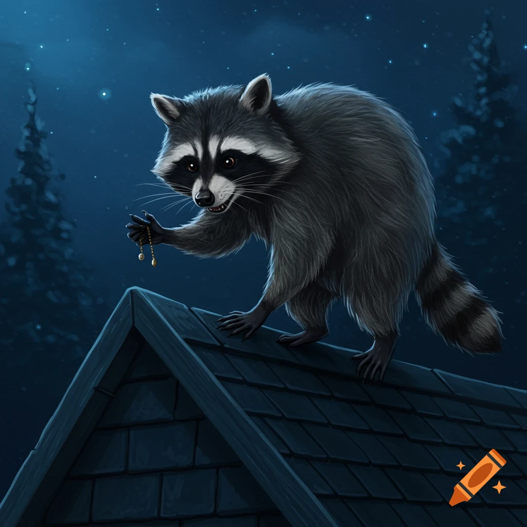 A raccoon on a dark roof at night, holding a string of beads.