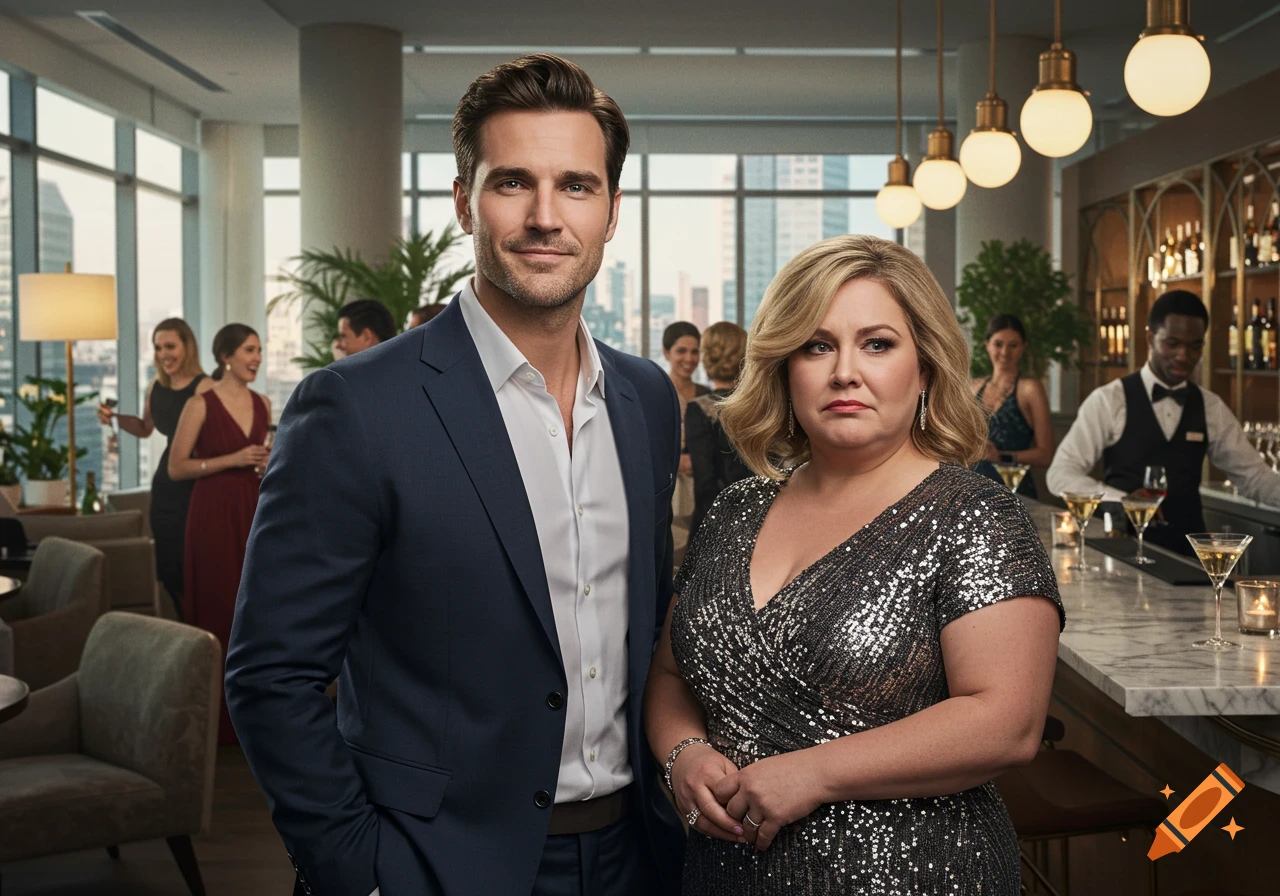 A man in a suit and a woman in a sparkly dress stand together at a crowded office party.