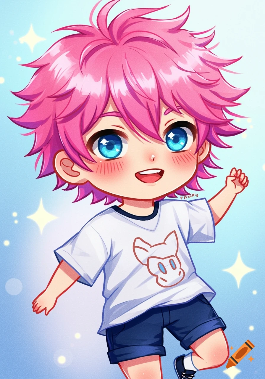 Cute anime illustration of a boy with pink hair and blue eyes, wearing a t-shirt and shorts, smiling.