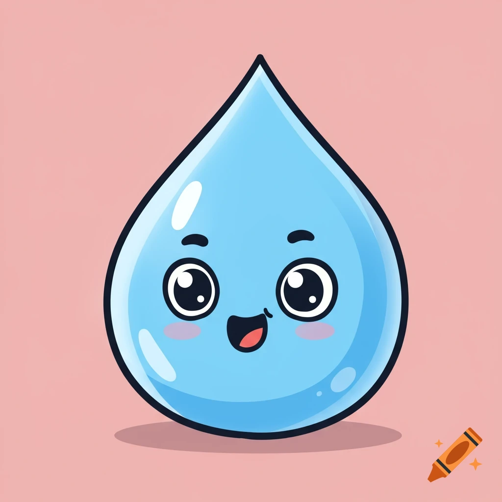 A cute cartoon water drop character with eyes and a smile on a pink background.