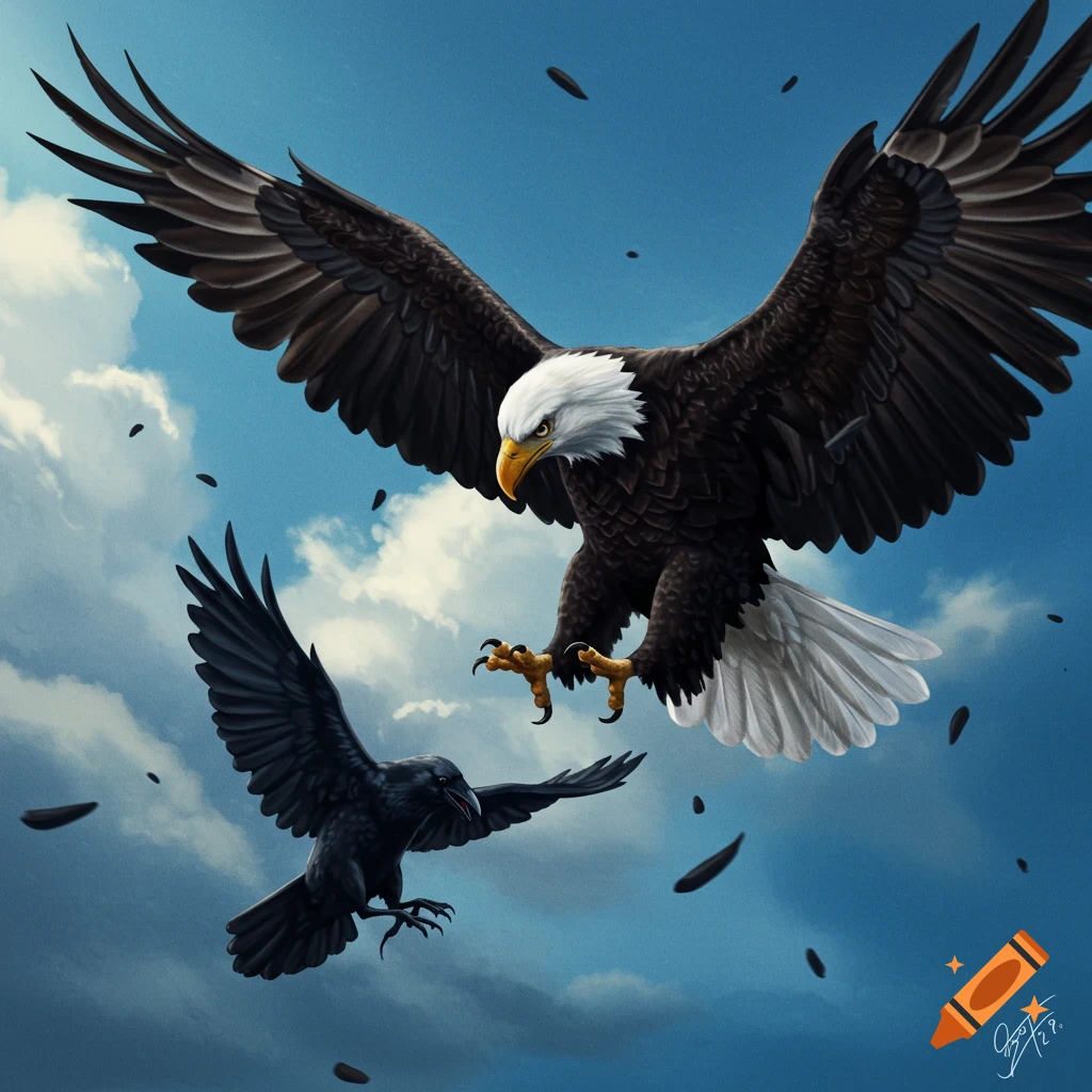 A bald eagle attacks a crow in the sky.