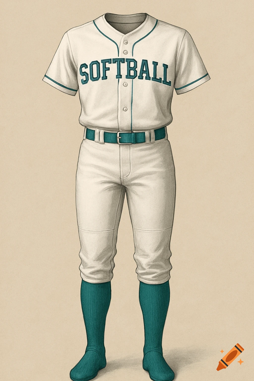 Digital illustration of a white softball uniform with teal text, belt, and socks.