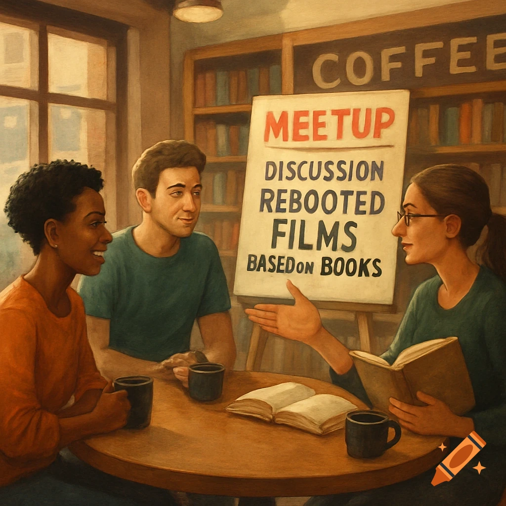 Three people meeting in a coffee shop library with books and a sign about a film discussion.