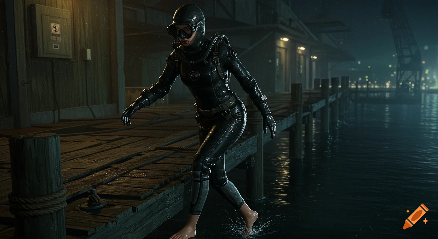 Female spy in black diving suit climbs onto a wet wooden dock at night.