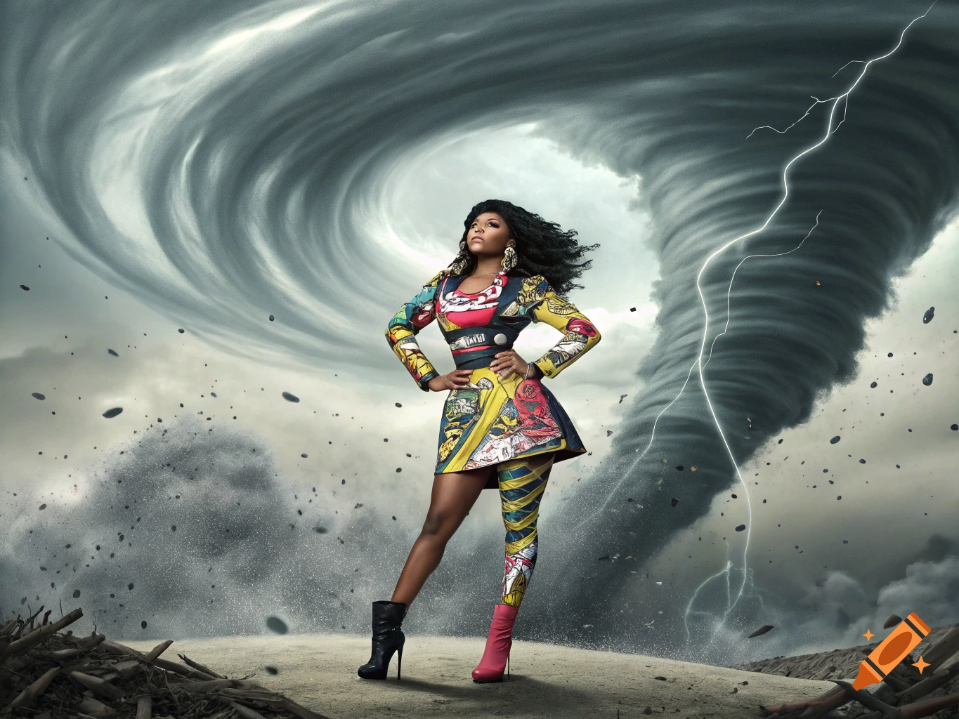 A person in a colorful patterned dress and mismatched boots stands facing a large tornado in a stormy landscape.