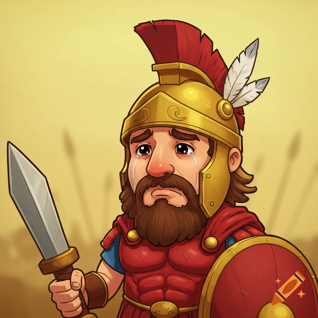 A cartoon illustration of a sad Trojan fighter in red and gold armor, crying while holding a sword and shield.