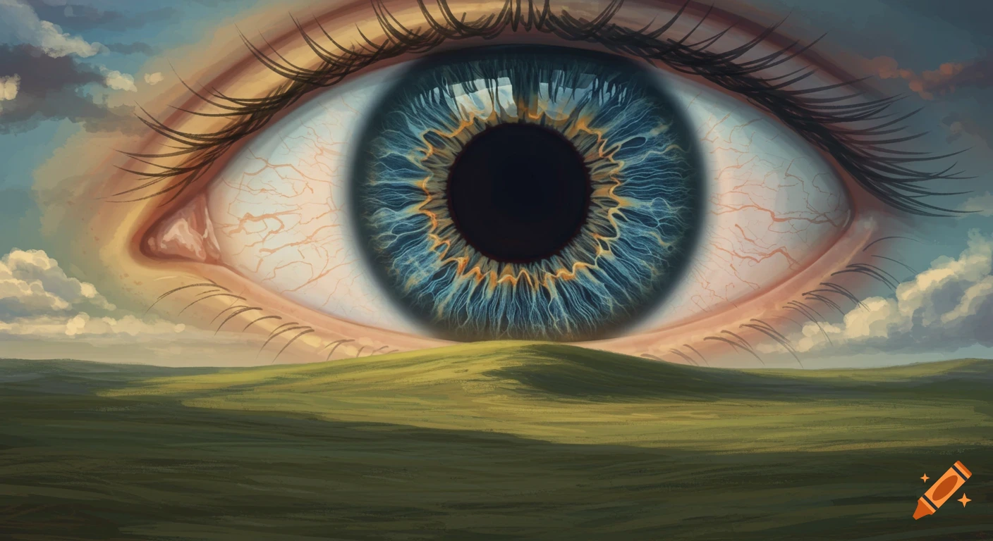 A large eye watching over a green hilly landscape under a cloudy sky.