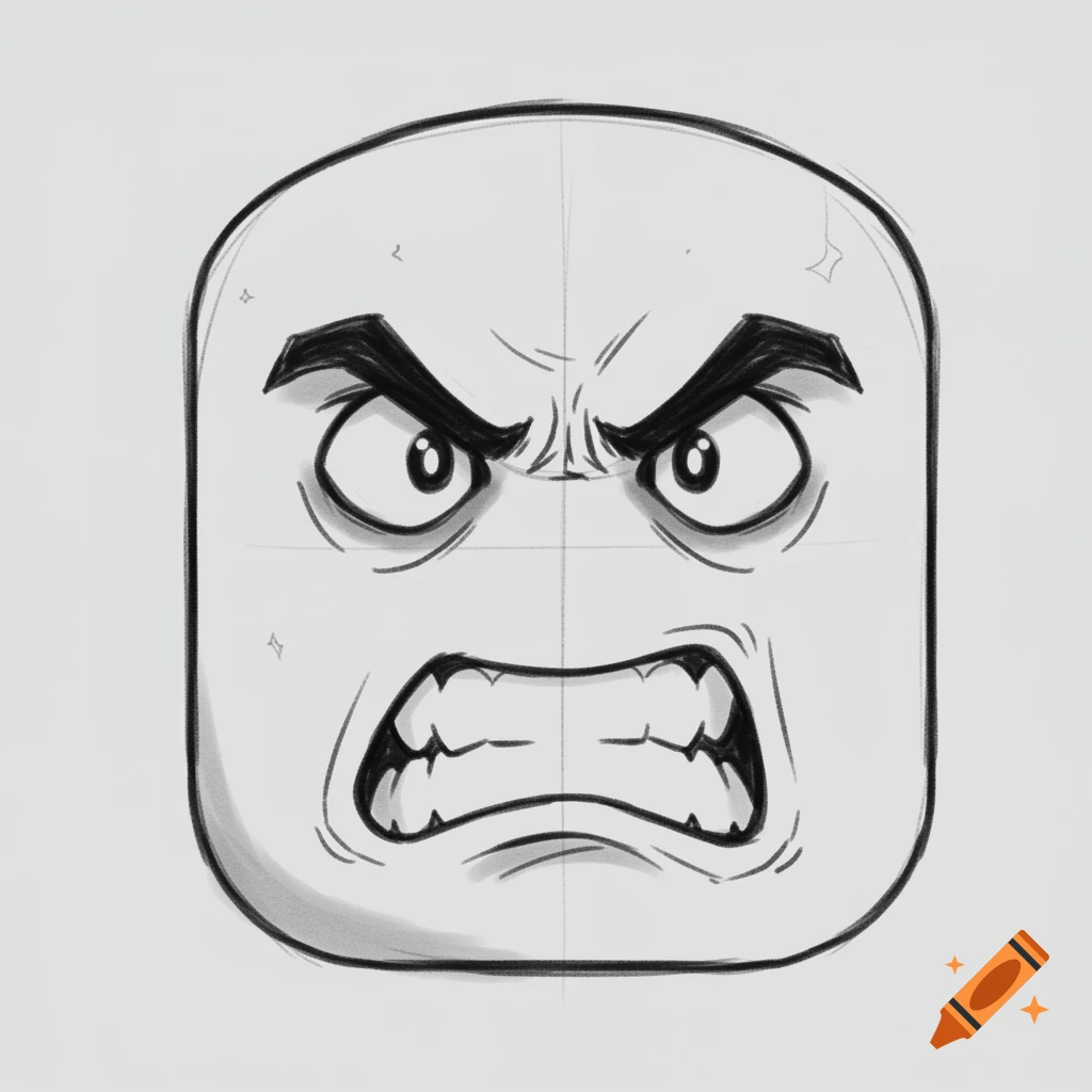 Pencil sketch of an angry cartoon face with scowling eyebrows and jagged mouth.
