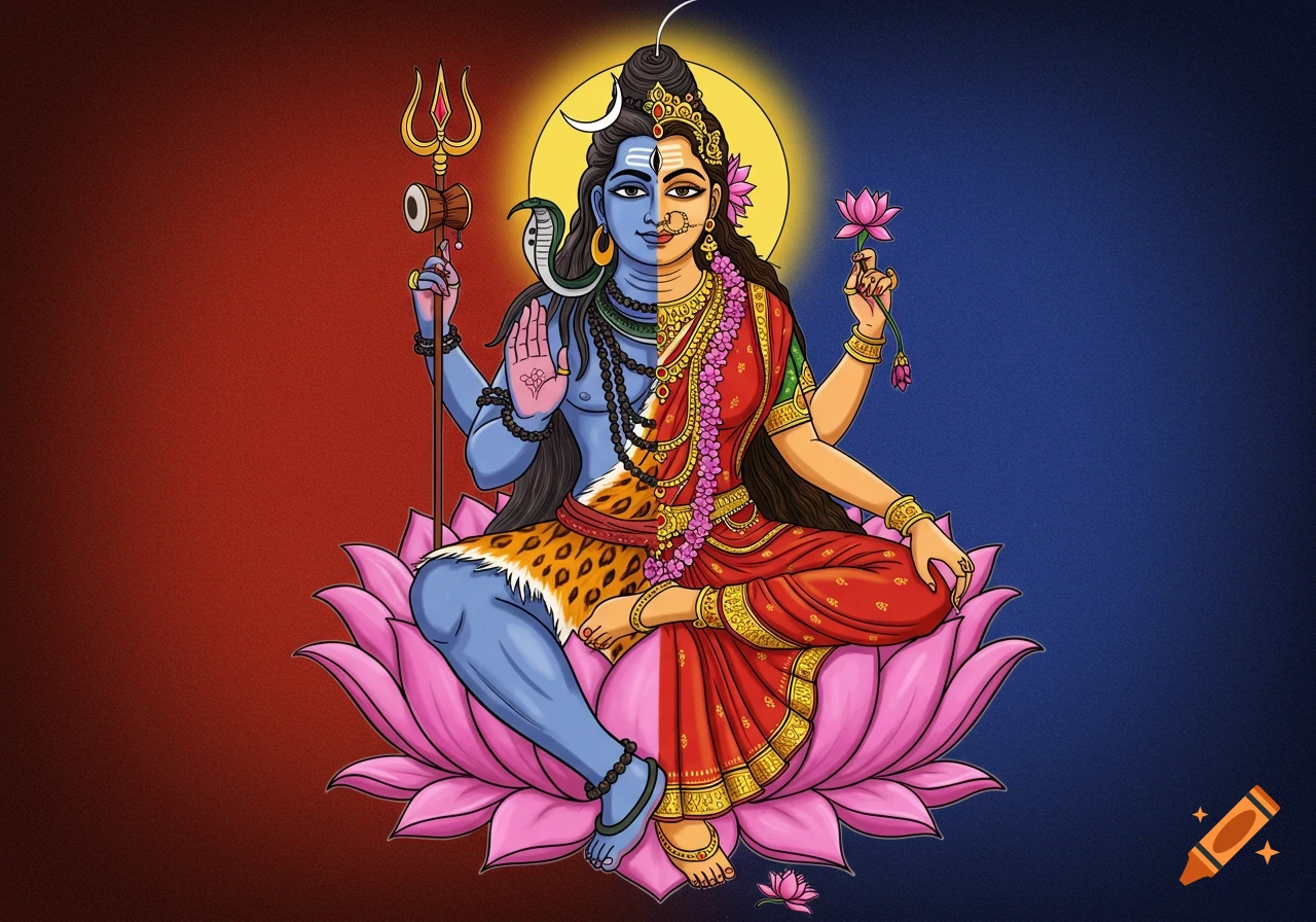 Ardhanarishvara, a composite form of Shiva and Parvati, sitting on a lotus.
