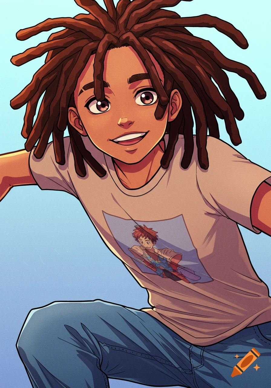 An anime boy with dreadlocks smiles while wearing a t-shirt with a character design.