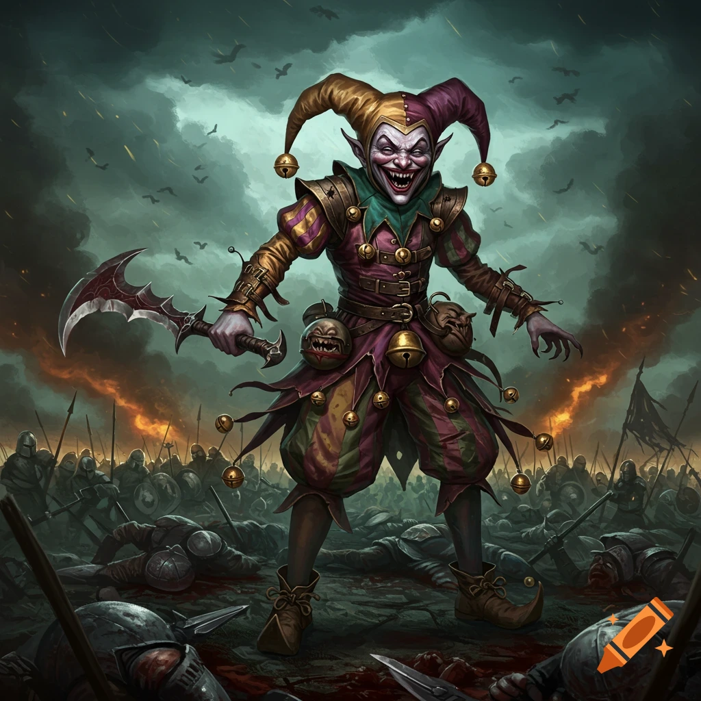 A demonic jester stands on a battlefield strewn with dead soldiers.