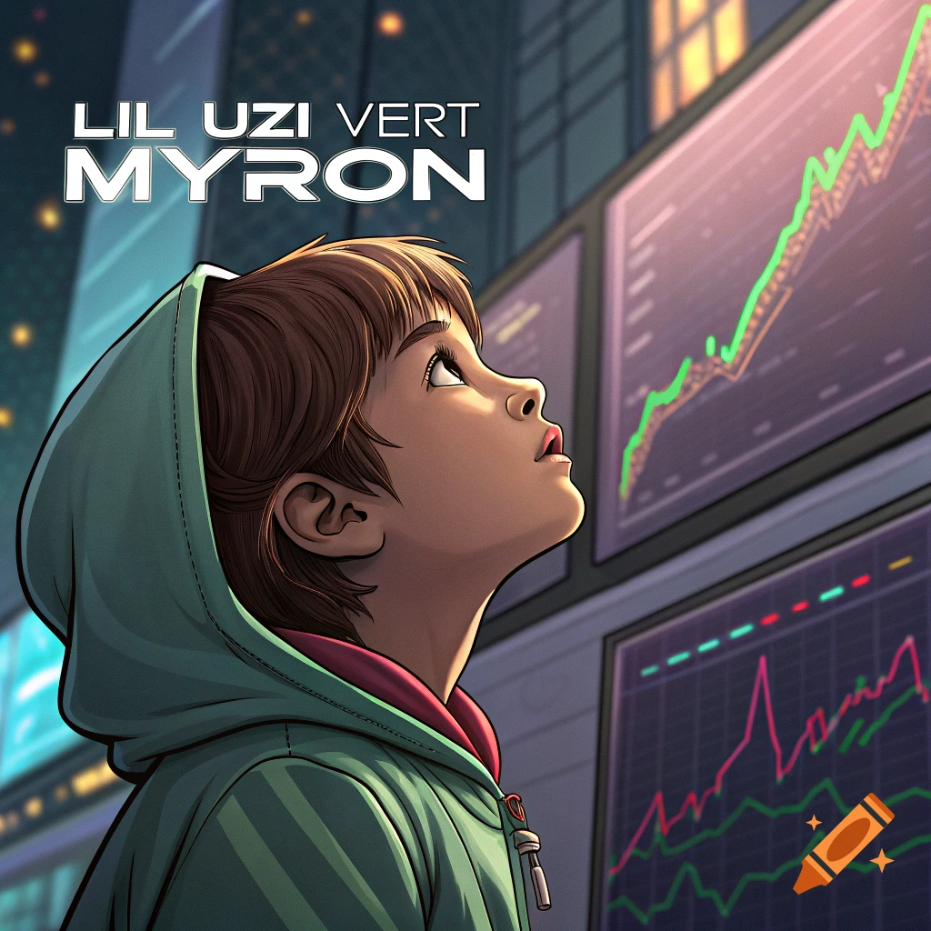 An illustration of a young person in a hoodie looking up at stock market graphs on screens, with the text LIL UZI VERT MYRON above them.