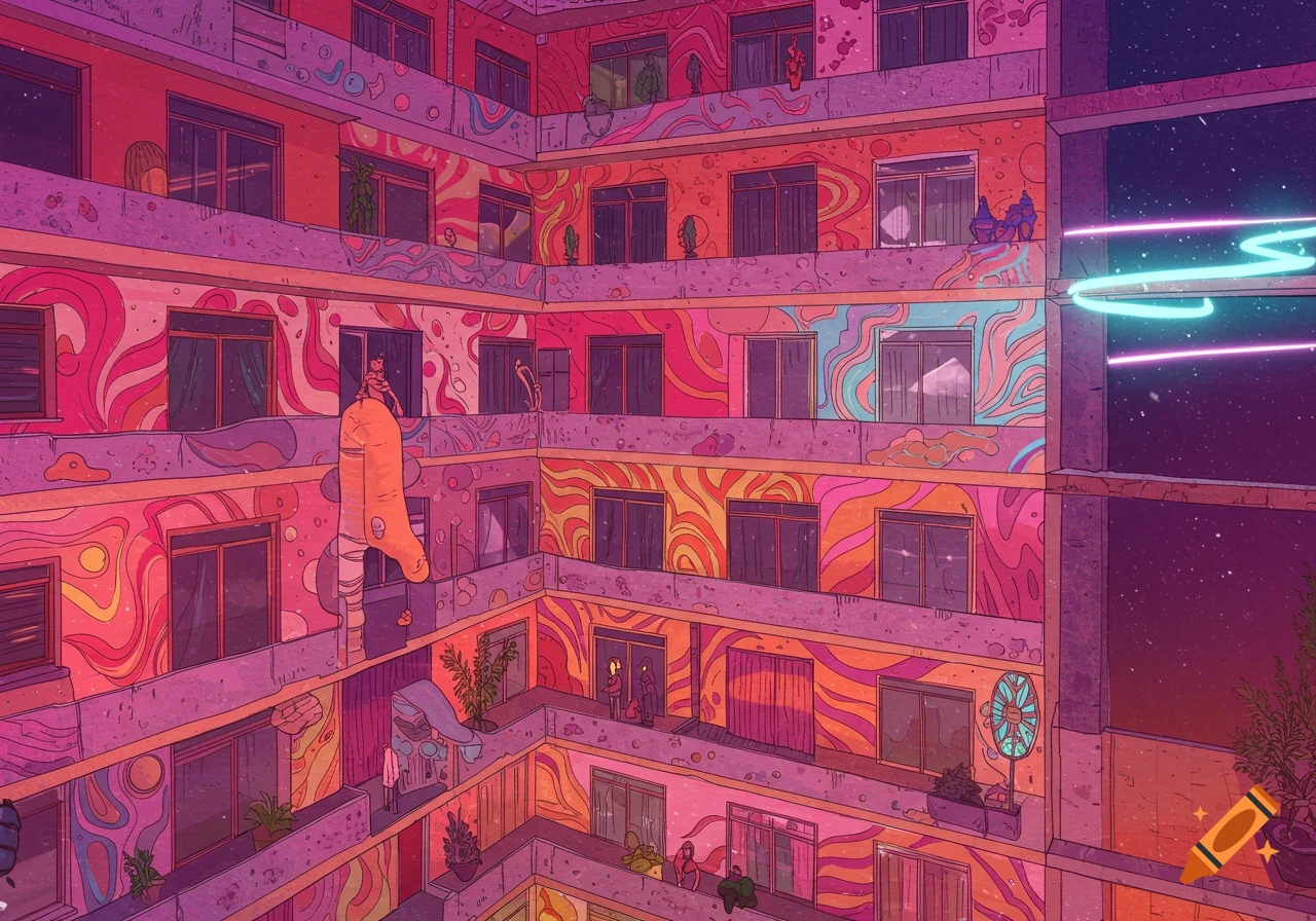 Colorful psychedelic apartment building courtyard looking out at space.
