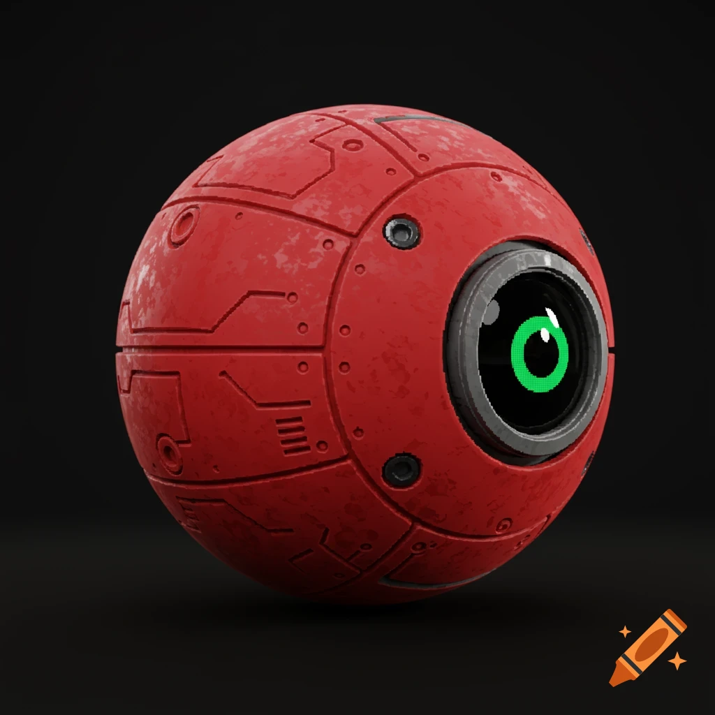 A red mechanical sphere with a black eye and green iris against a dark background, digital art.