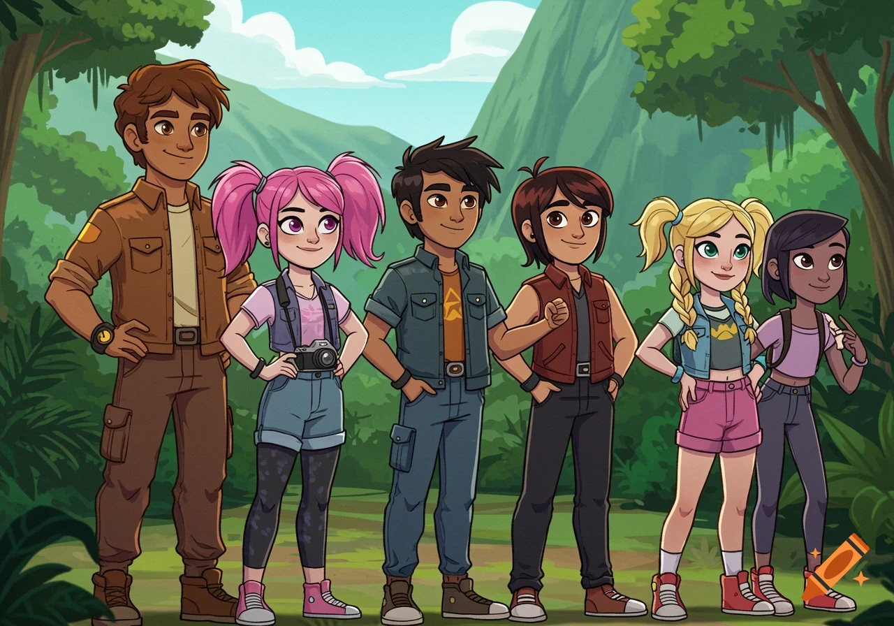 A group of animated young people stand in a jungle setting.