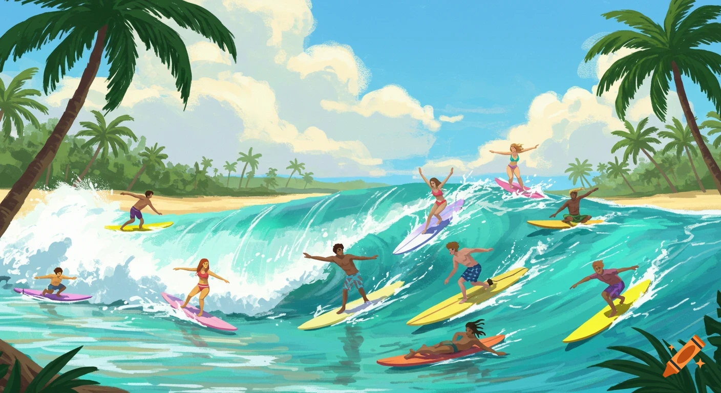 People surfing on a beach with palm trees.