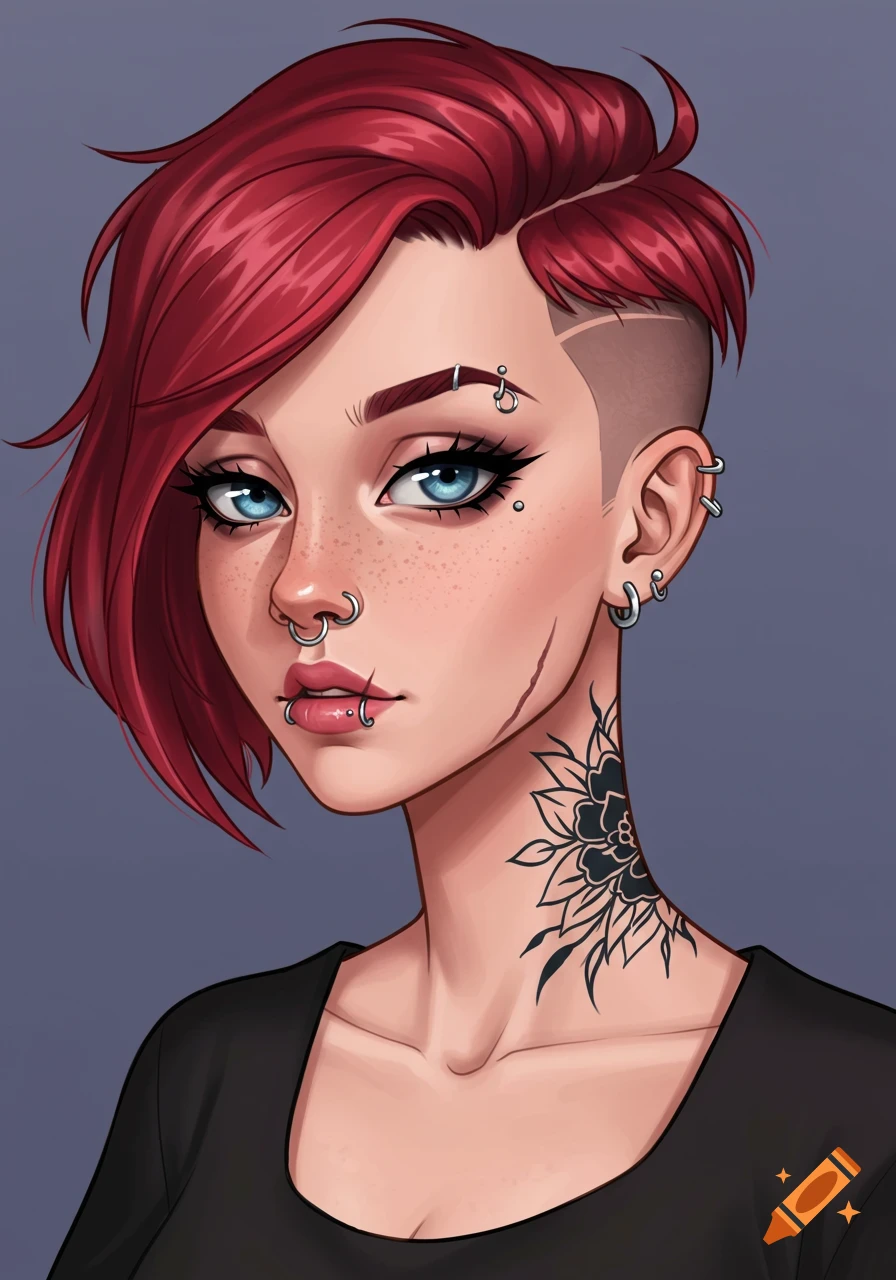 An illustrated portrait of a woman with short red hair, blue eyes, facial piercings, and a black neck tattoo.