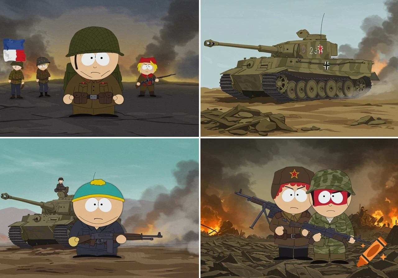 South Park characters Stan, Kyle, Cartman, and Kenny in different WWII scenes with tanks.