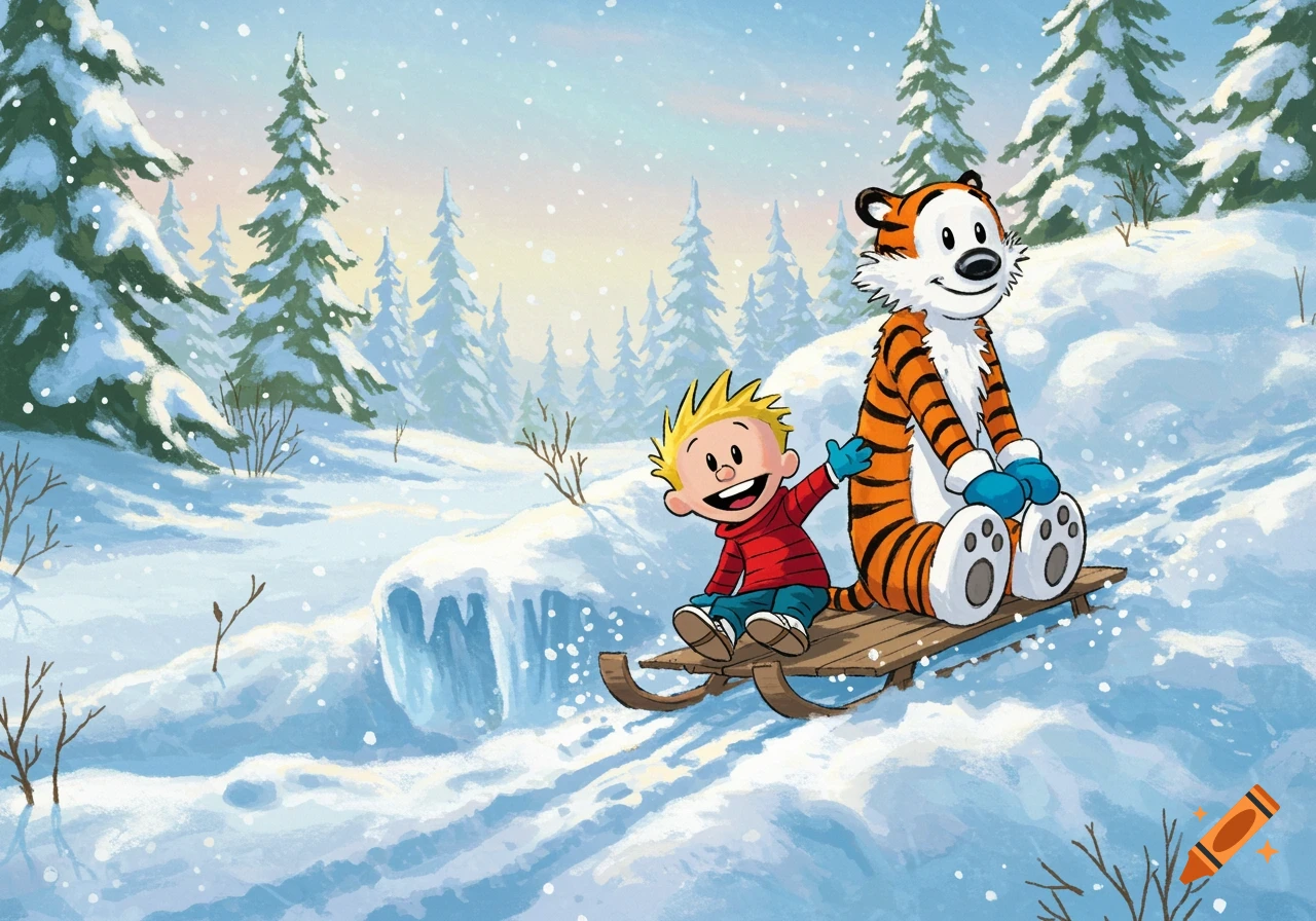 Calvin and Hobbes sledding down a snowy hill in a forest.