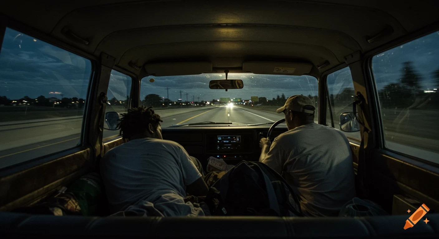 View from the backseat of a car driving down a highway at dusk with two people visible.