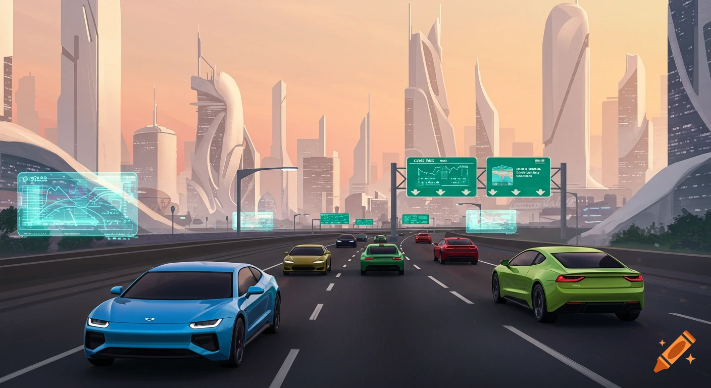 Electric cars on a highway in a futuristic city.