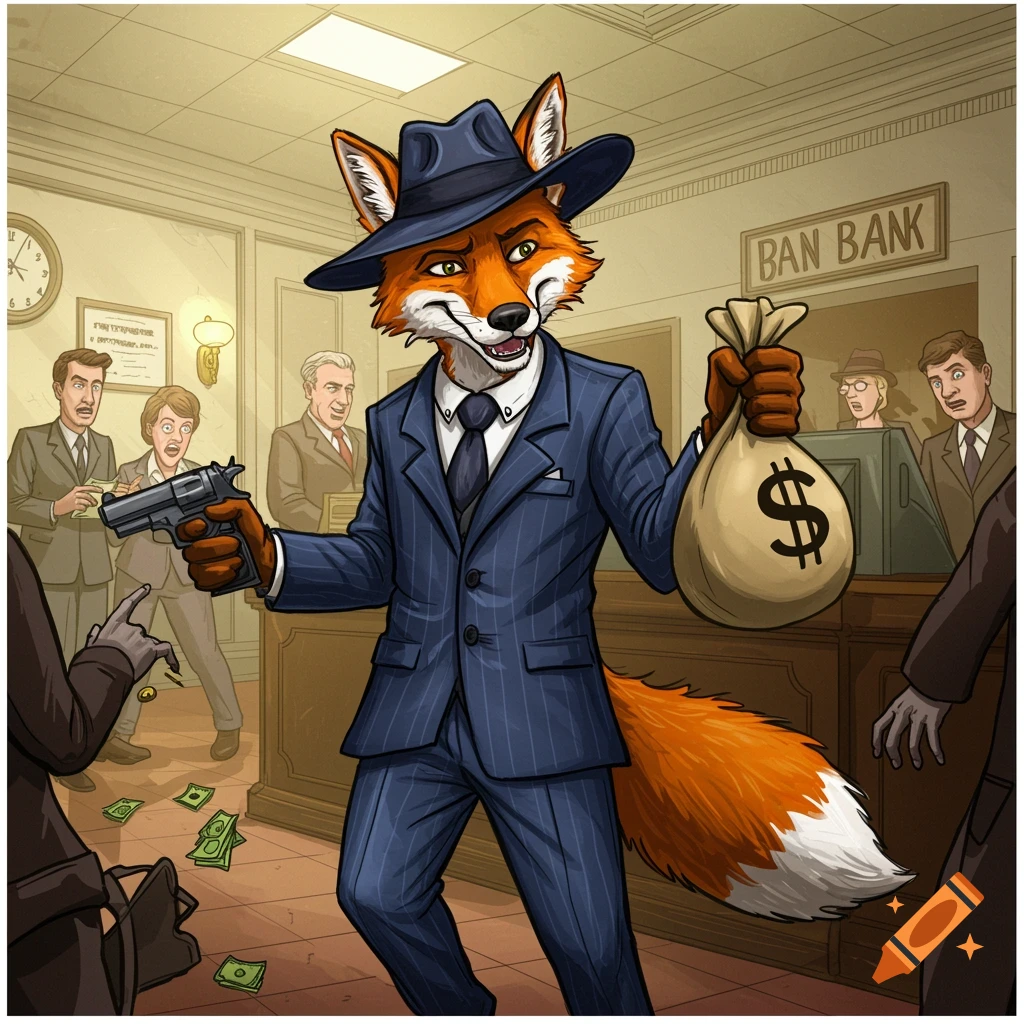 A cartoon fox in a suit and hat robbing a bank with a gun and money bag in a comic book style.